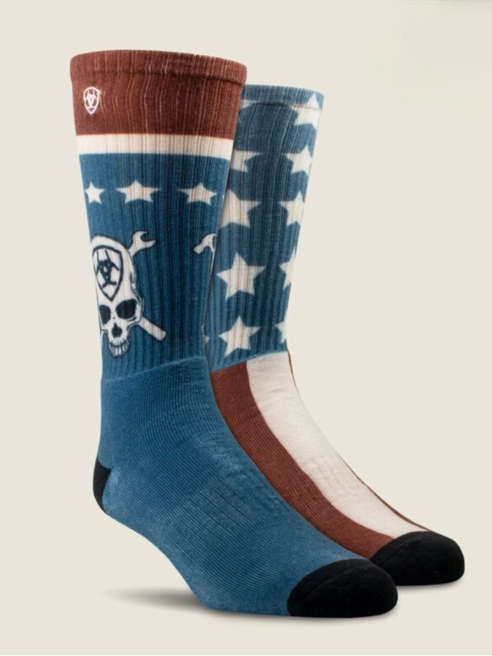 Ariat Blue, Brown, White & Black Star Skull Crew Socks